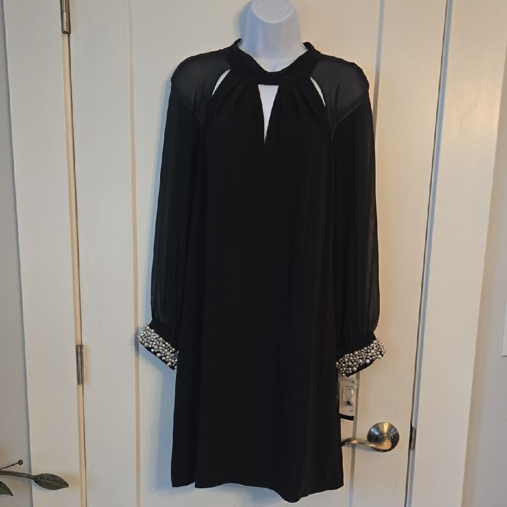 SLNY Black Sheath Dress with Embellished Sleeves And Mock Neck